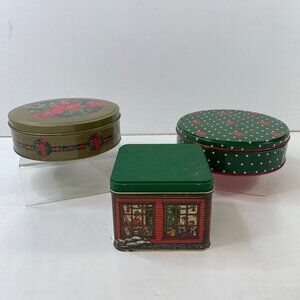 Set Of 3 Vintage Christmas-Themed Metal Tins Festive Poinsettia Polka Dot Design